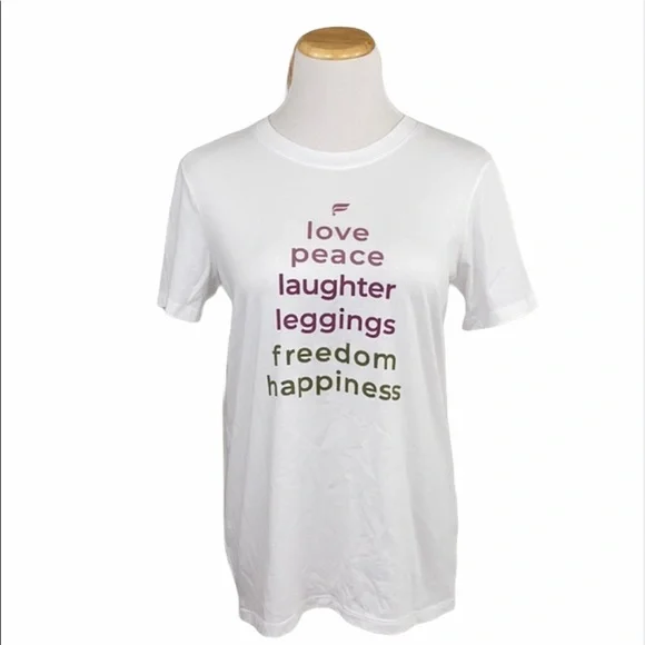 Fabletics White Love Peace Laughter Crew Neck Tee - Picture 1 of 12